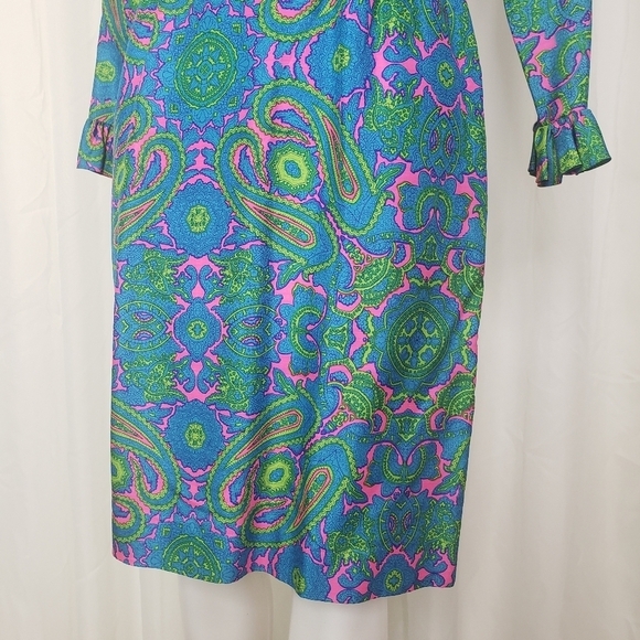 Vintage Sue Brett vibrant paisley dress blue green pink ruffle hem cuff 70s gorg - Picture 3 of 14